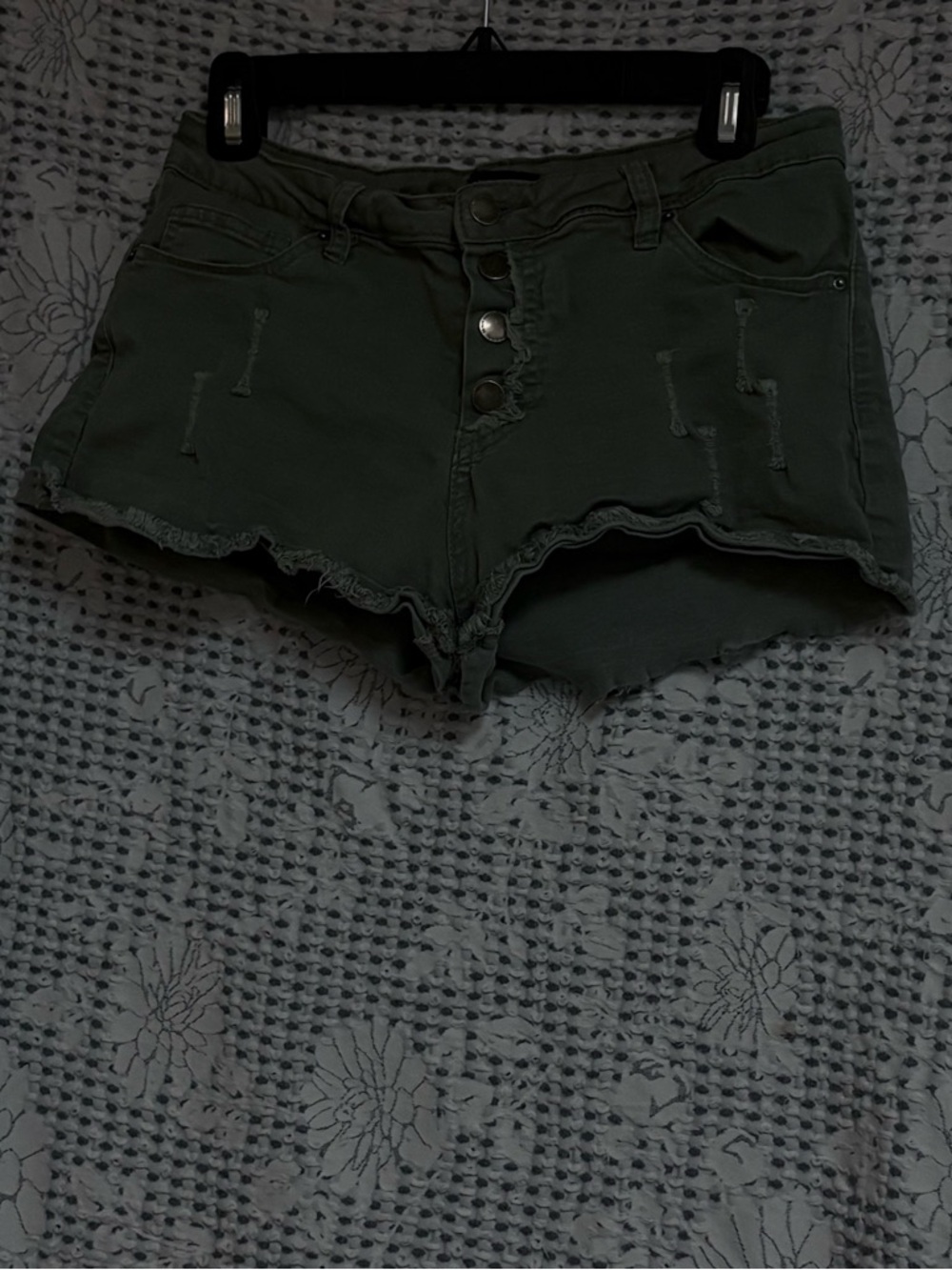 Angel Kiss Olive Green Distressed Denim Shorts Size 11/30